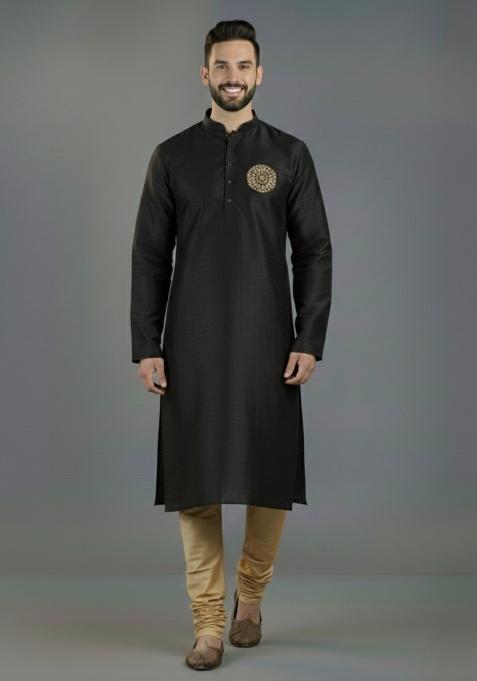 Black Embroidered Silk Kurta Set For Men