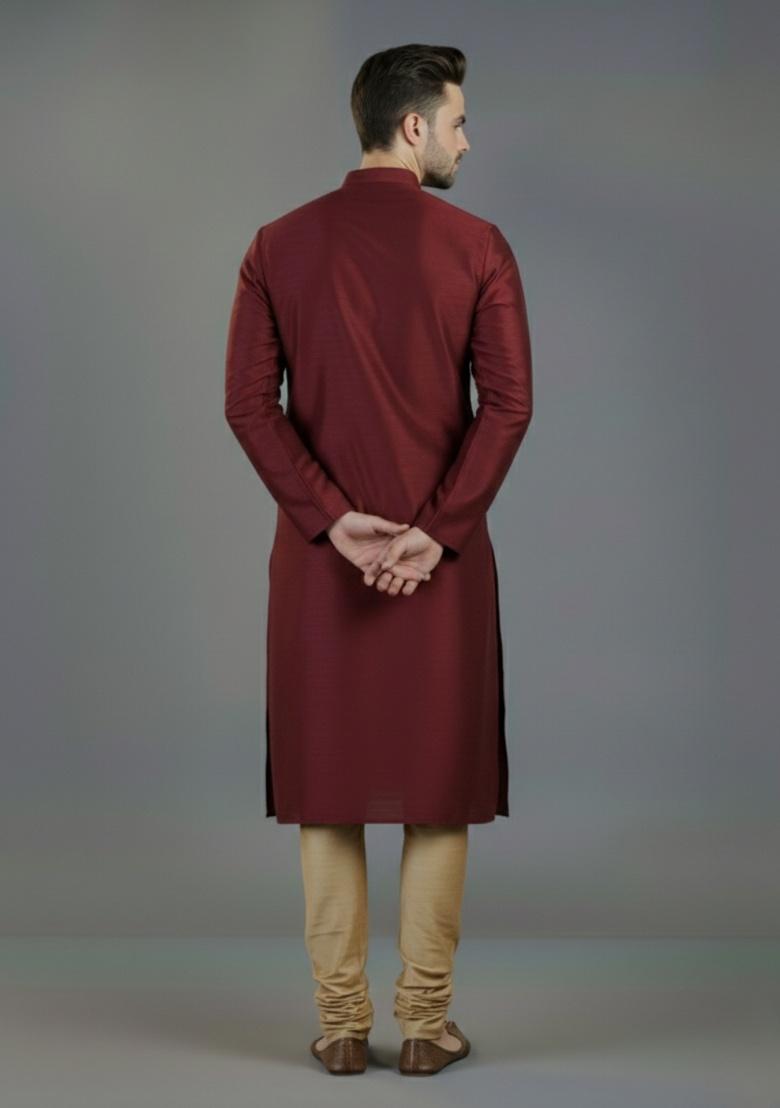 Maroon Embroidered Silk Kurta Set For Men - Indya