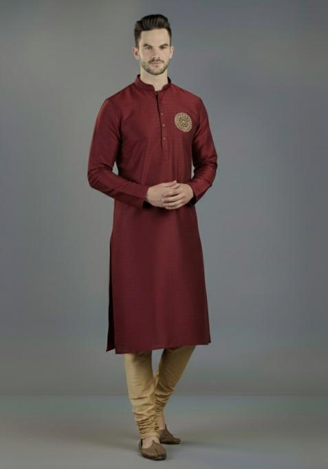 Maroon Embroidered Silk Kurta Set For Men
