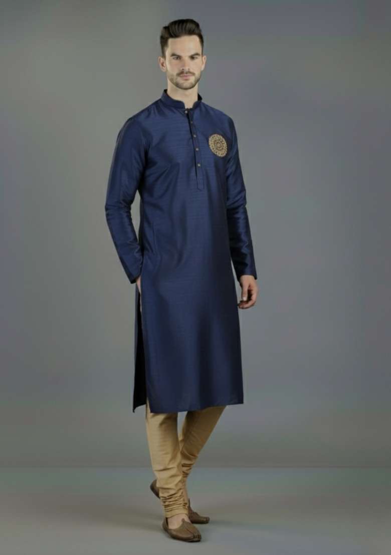 Navy Blue Embroidered Silk Blend Kurta Set For Men - Indya