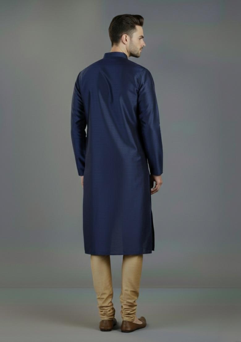 Navy Blue Embroidered Silk Kurta Set For Men - Indya