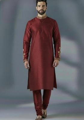 Maroon Embroidered Silk Blend Kurta Set For Men