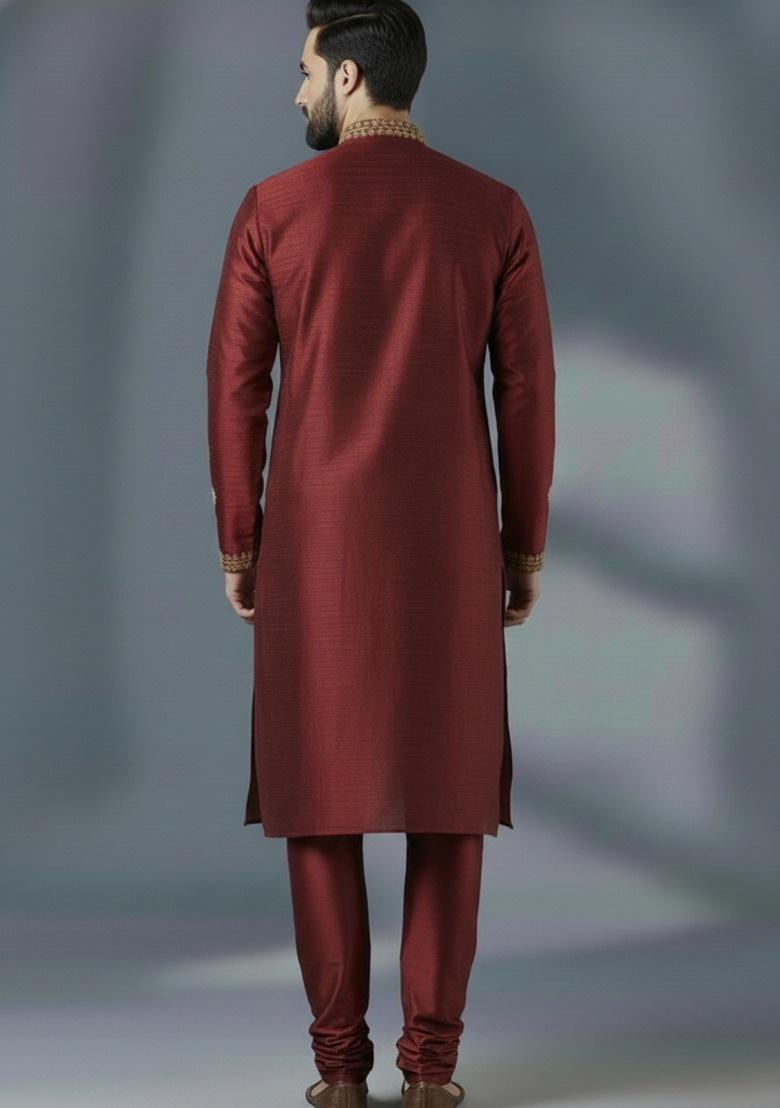 Maroon Embroidered Silk Kurta Set For Men - Indya