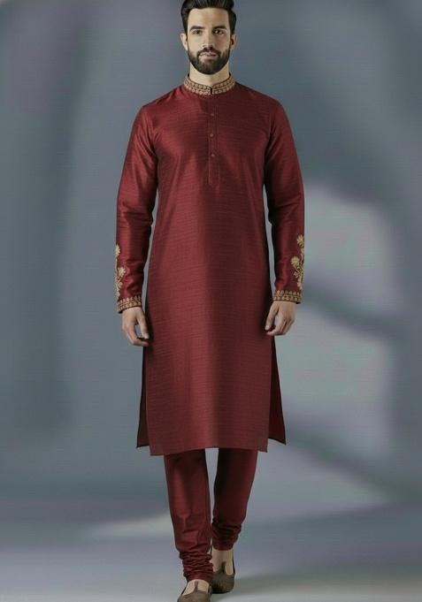 Maroon Embroidered Silk Kurta Set For Men