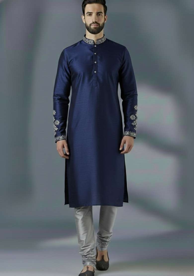 Navy Blue Embroidered Silk Blend Kurta Set For Men - Indya