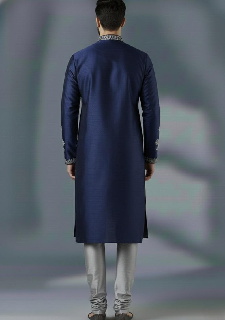 Navy Blue Embroidered Silk Kurta Set For Men - Indya