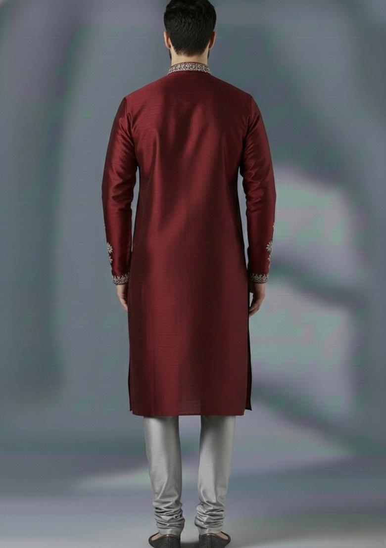 Maroon Embroidered Silk Kurta Set For Men - Indya