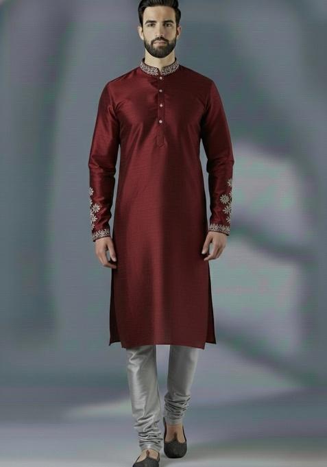Maroon Embroidered Silk Kurta Set For Men
