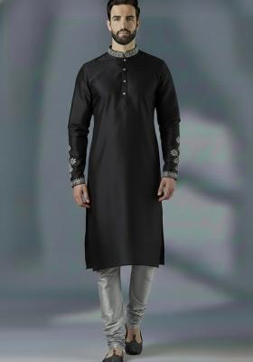 Black Embroidered Silk Blend Kurta Set For Men