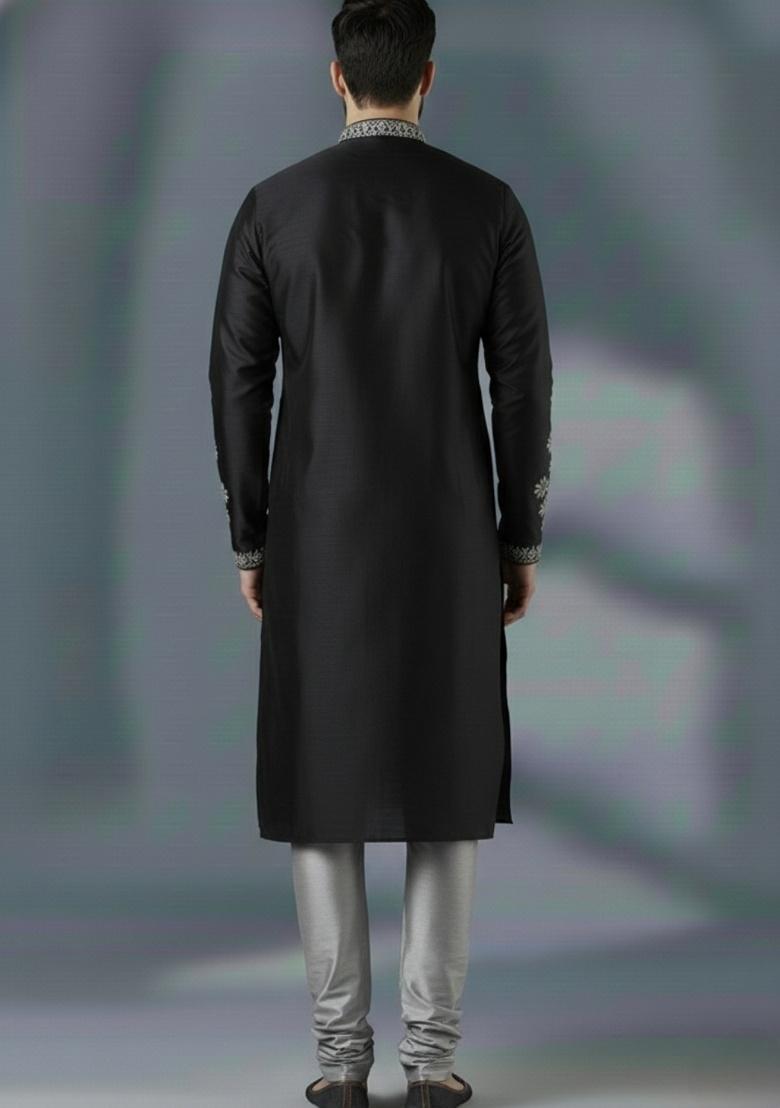 Black Embroidered Silk Kurta Set For Men - Indya