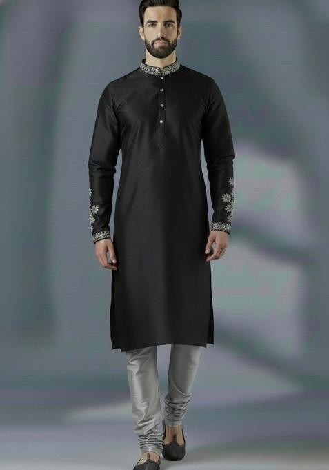 Black Embroidered Silk Kurta Set For Men