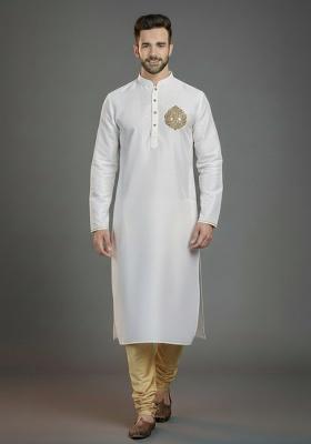 White Embroidered Silk Blend Kurta Set For Men