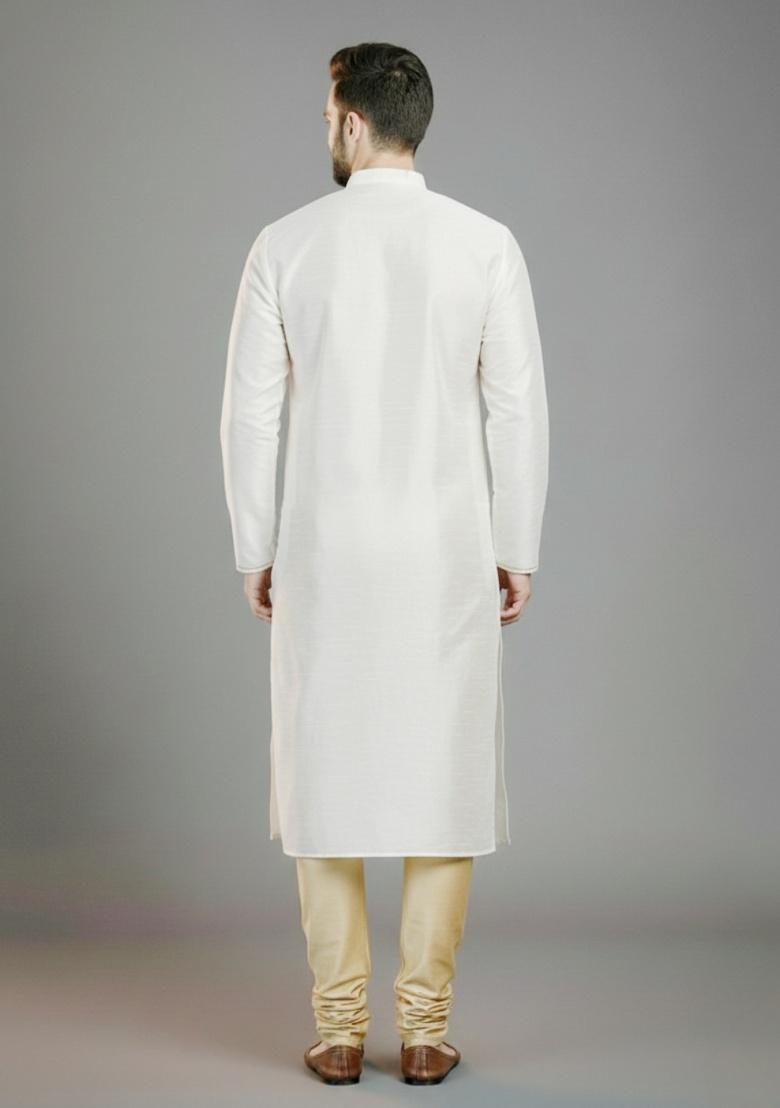 White Embroidered Silk Kurta Set For Men - Indya