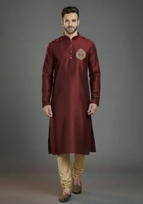 Maroon Embroidered Silk Blend Kurta Set For Men