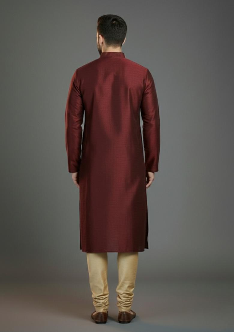Maroon Embroidered Silk Kurta Set For Men - Indya