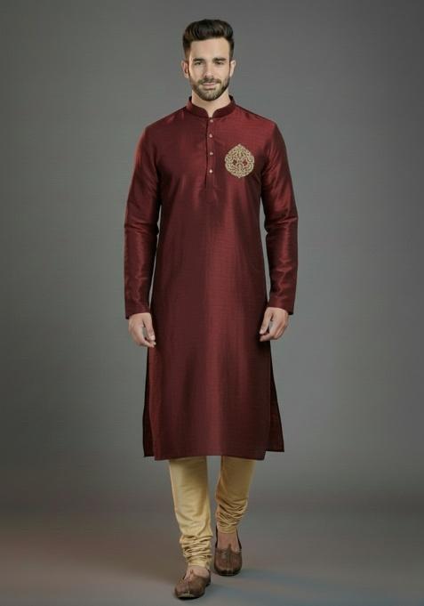 Maroon Embroidered Silk Kurta Set For Men