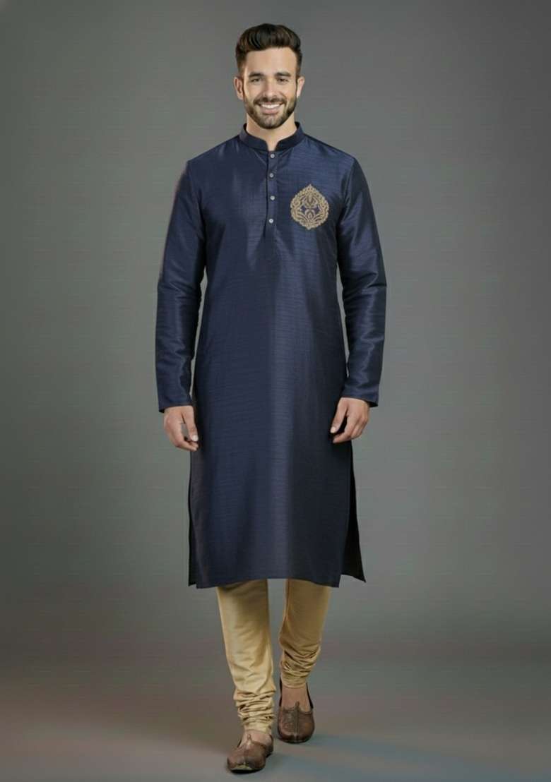 Navy Blue Embroidered Silk Blend Kurta Set For Men - Indya