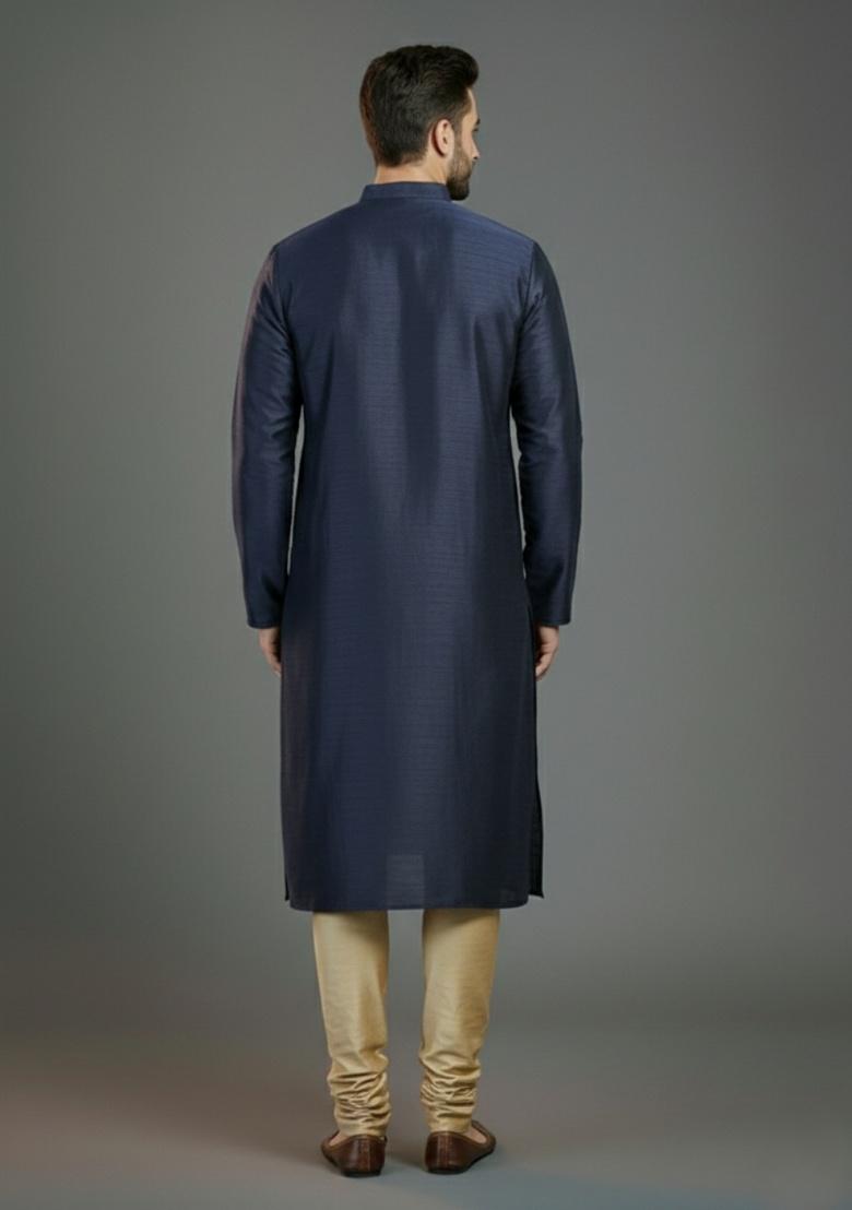Navy Blue Embroidered Silk Kurta Set For Men - Indya