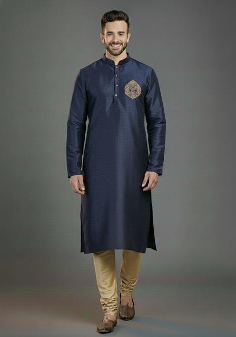 Navy Blue Embroidered Silk Kurta Set For Men