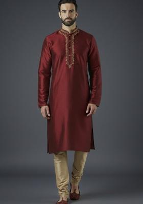 Maroon Embroidered Silk Blend Kurta Set For Men