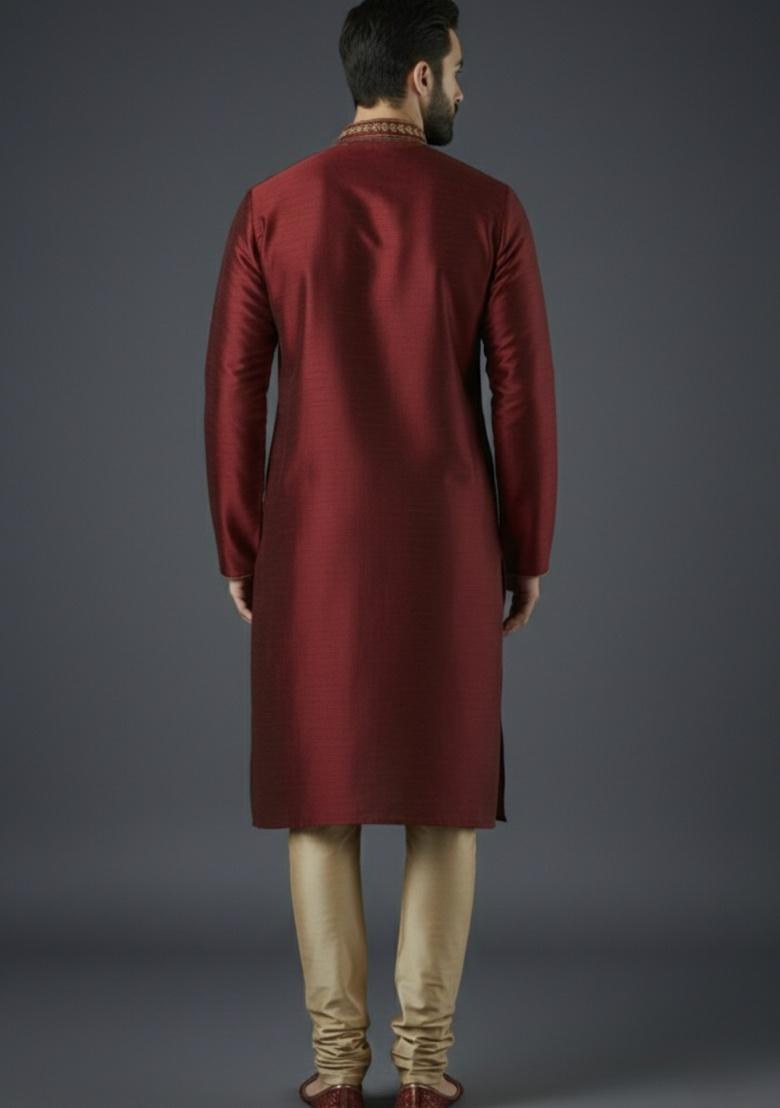 Maroon Embroidered Silk Kurta Set For Men - Indya