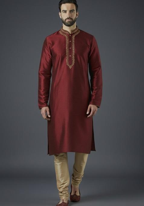 Maroon Embroidered Silk Kurta Set For Men