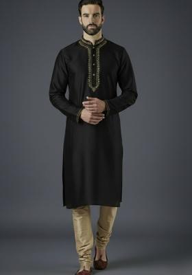 Black Embroidered Silk Blend Kurta Set For Men