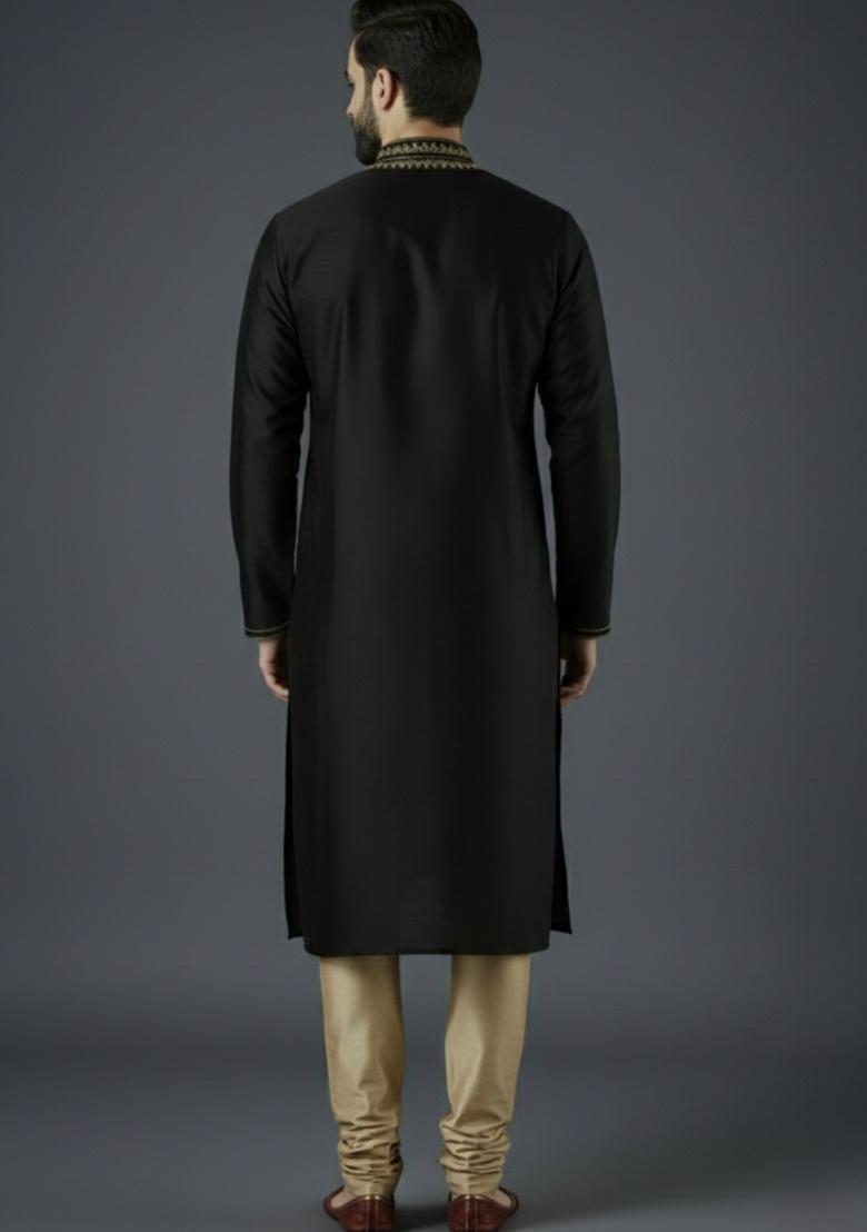 Black Embroidered Silk Kurta Set For Men - Indya