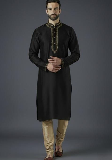 Black Embroidered Silk Kurta Set For Men
