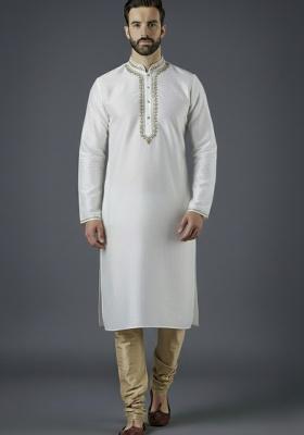 White Embroidered Silk Blend Kurta Set For Men