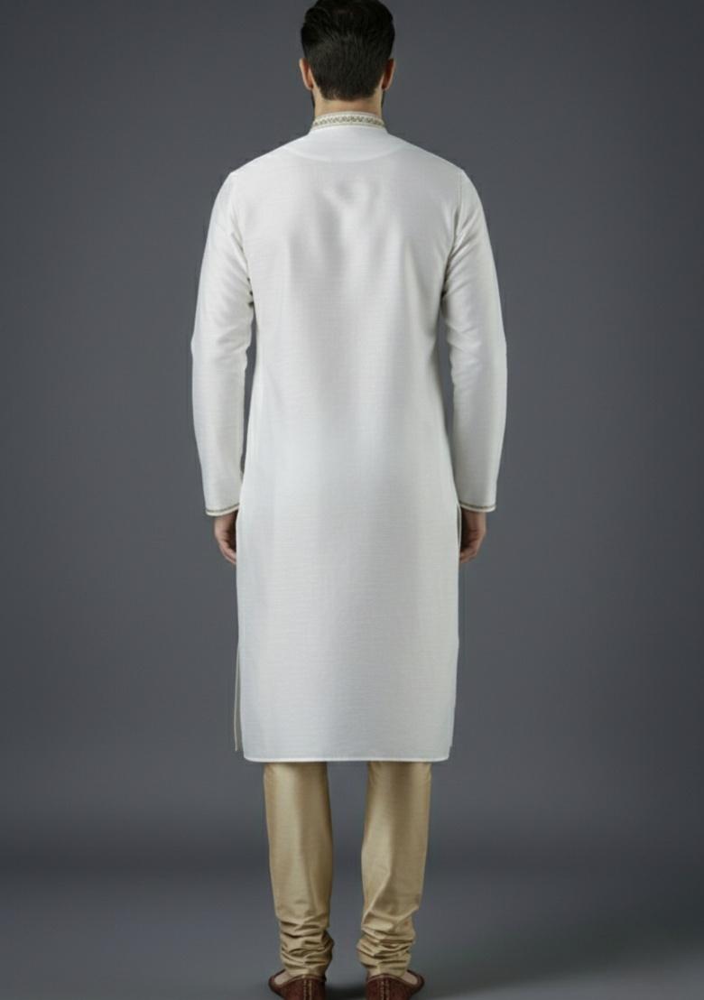White Embroidered Silk Kurta Set For Men - Indya