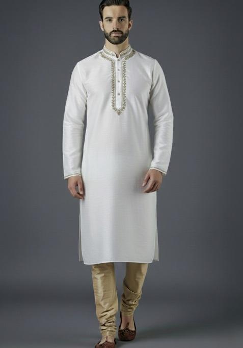 White Embroidered Silk Kurta Set For Men