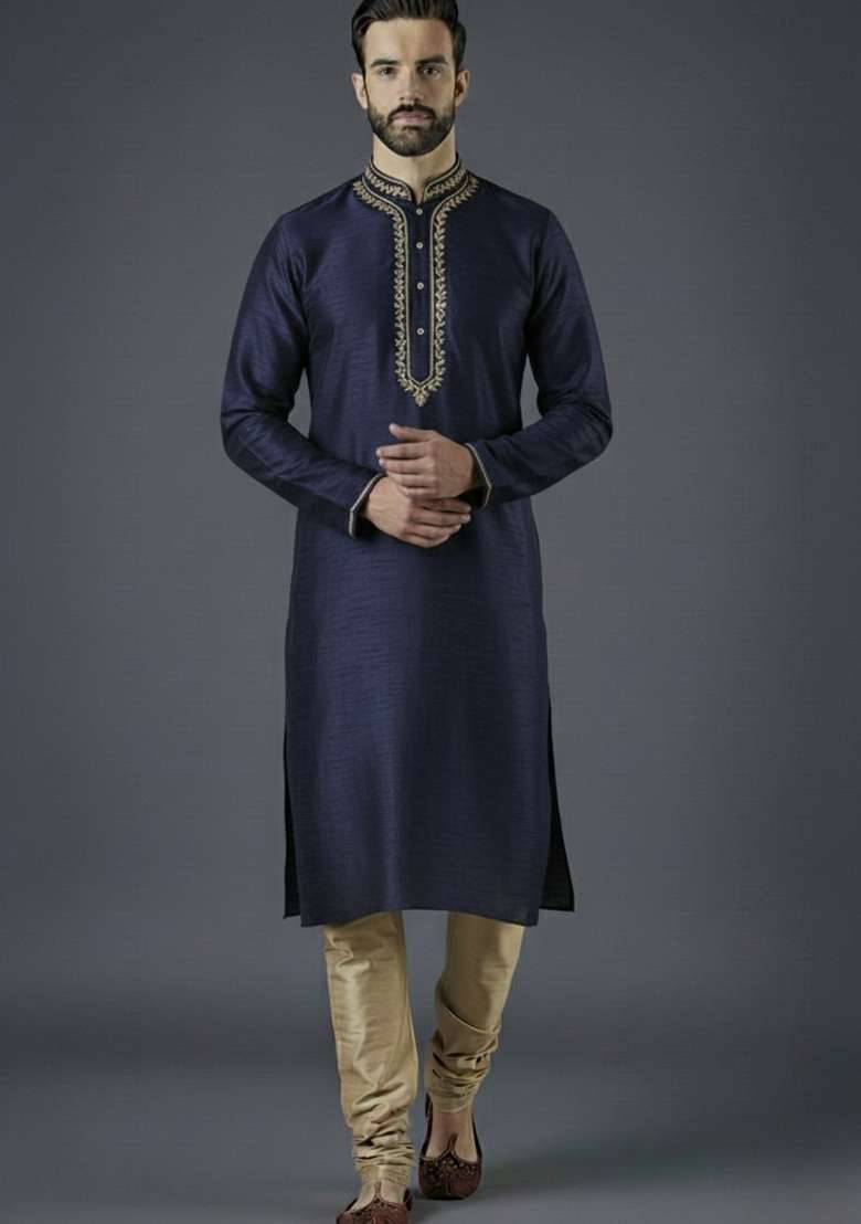 Navy Blue Embroidered Silk Blend Kurta Set For Men - Indya