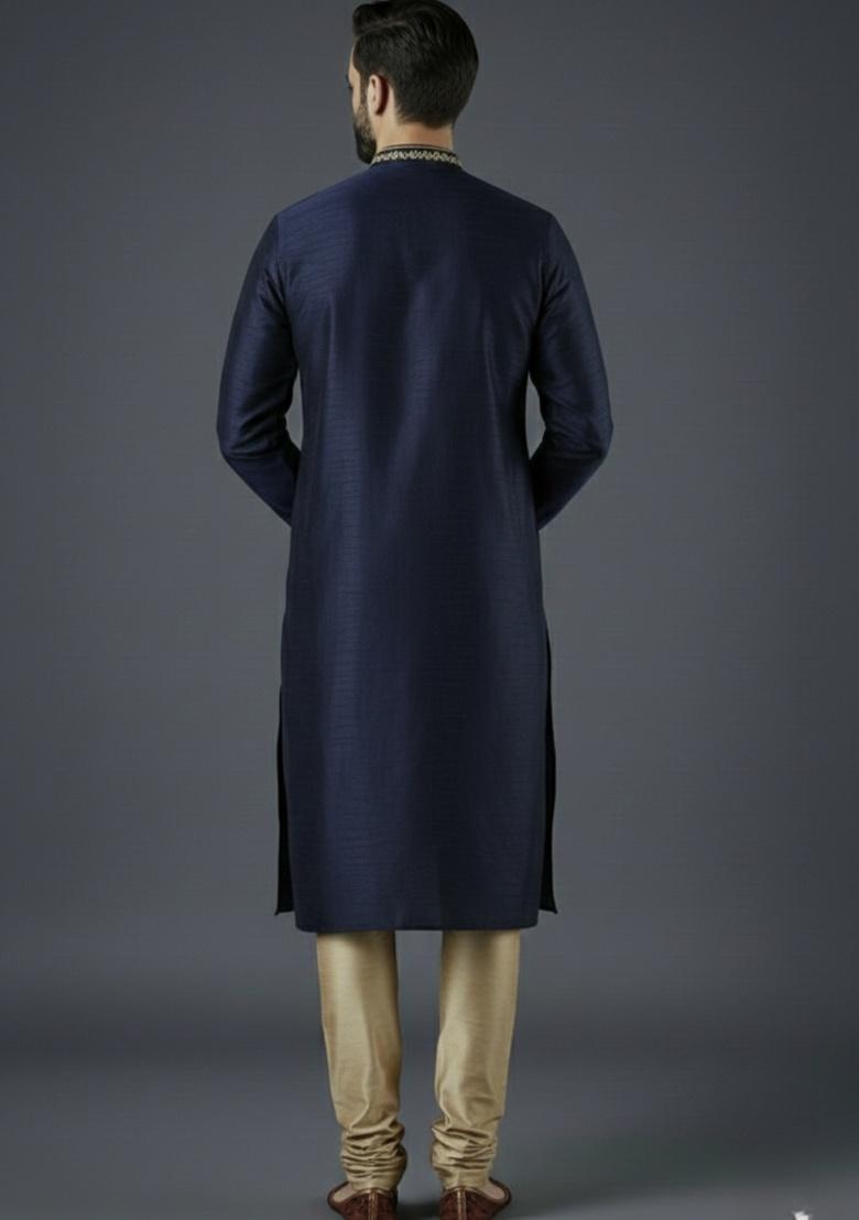 Navy Blue Embroidered Silk Kurta Set For Men - Indya