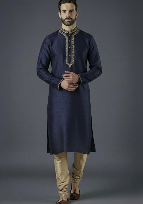 Navy Blue Embroidered Silk Kurta Set For Men