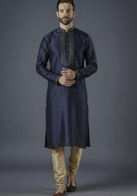 Navy Blue Embroidered Silk Kurta Set For Men