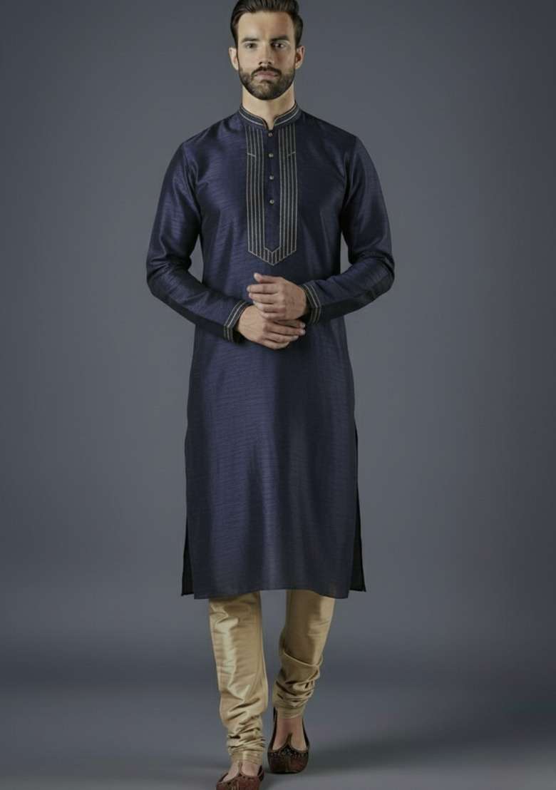Navy Blue Embroidered Silk Blend Kurta Set For Men - Indya