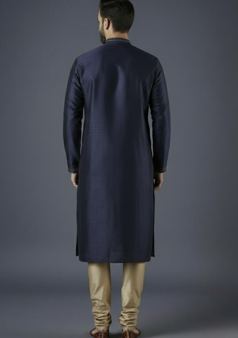 Navy Blue Embroidered Silk Kurta Set For Men - Indya