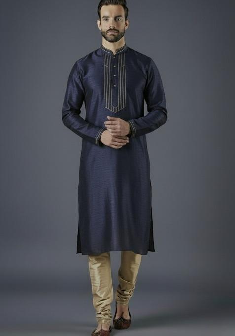 Navy Blue Embroidered Silk Kurta Set For Men