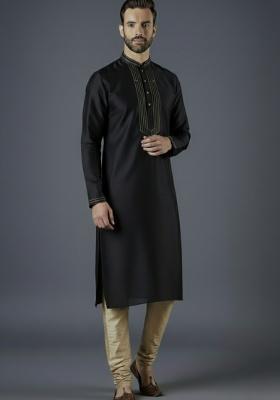 Black Embroidered Silk Blend Kurta Set For Men