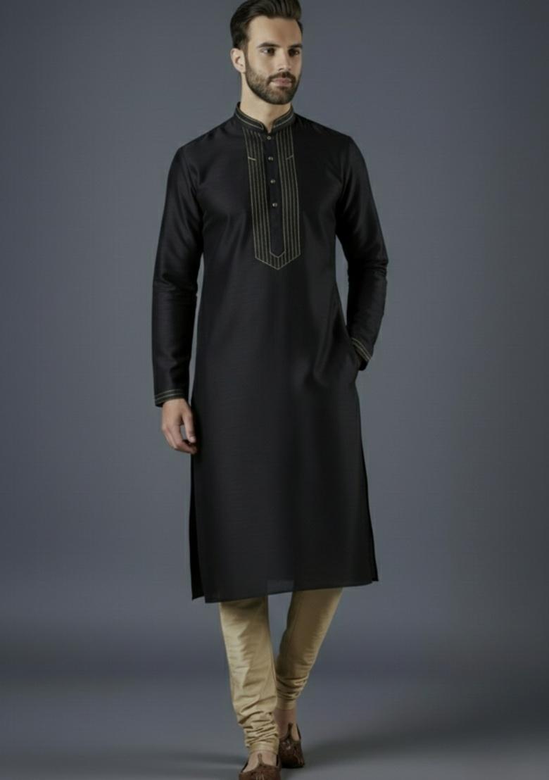 Black Embroidered Silk Kurta Set For Men - Indya
