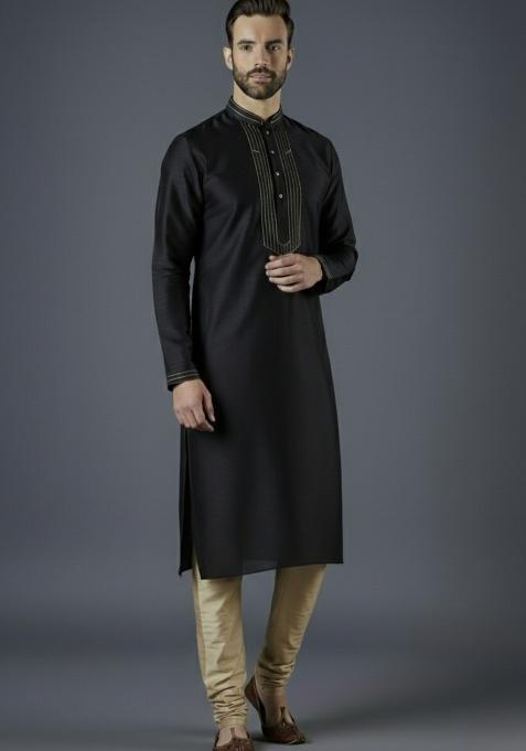 Black Embroidered Silk Kurta Set For Men