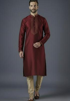 Maroon Embroidered Silk Blend Kurta Set For Men