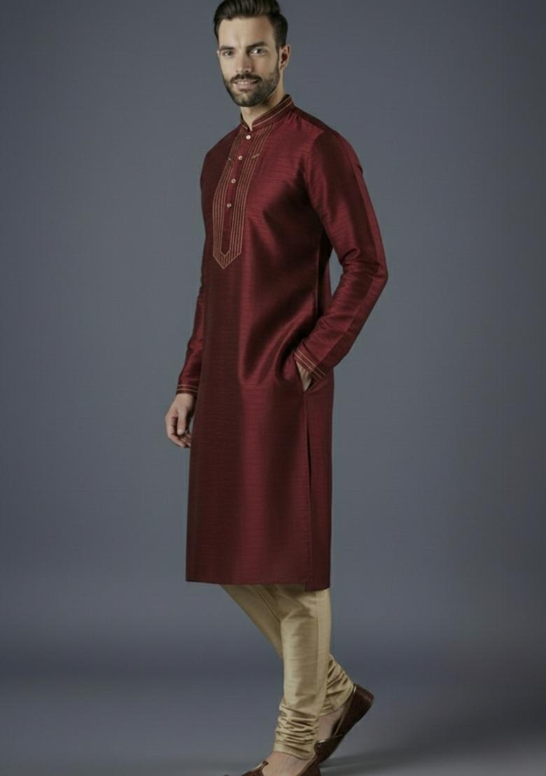 Maroon Embroidered Silk Kurta Set For Men - Indya