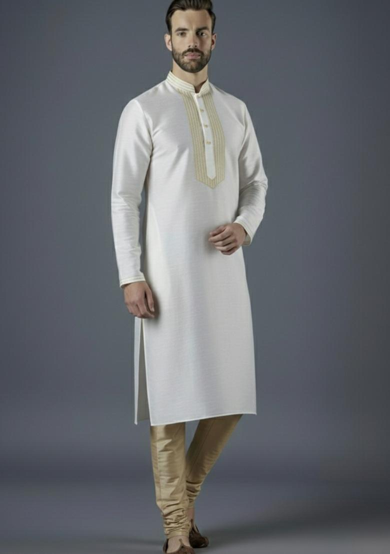 White Embroidered Silk Kurta Set For Men - Indya