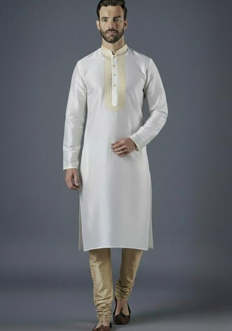 White Embroidered Silk Kurta Set For Men