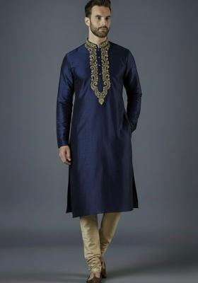 Navy Blue Embroidered Silk Kurta Set For Men