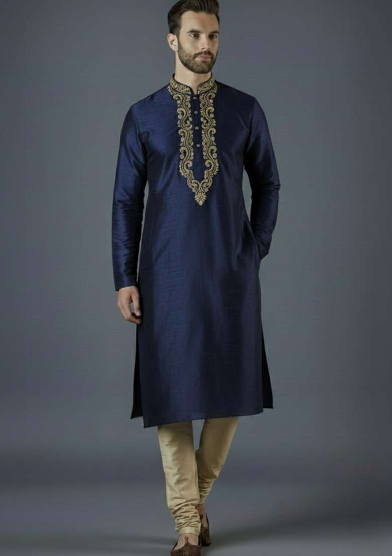 Navy Blue Embroidered Silk Blend Kurta Set For Men - Indya