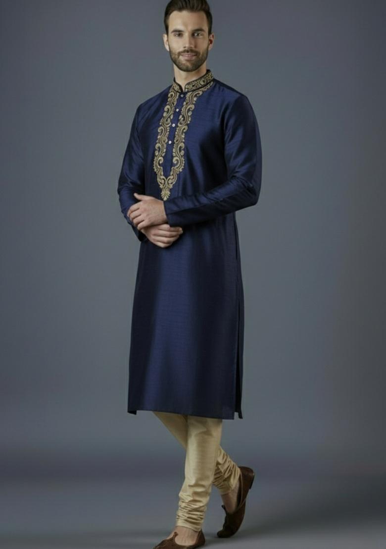 Navy Blue Embroidered Silk Kurta Set For Men - Indya