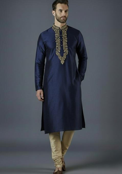 Navy Blue Embroidered Silk Kurta Set For Men